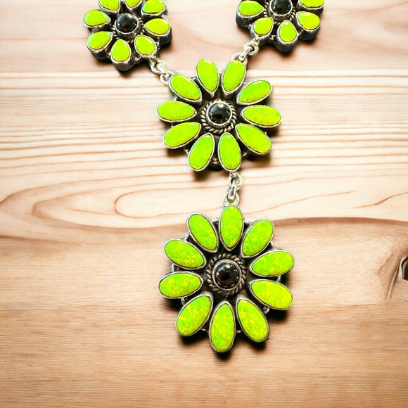 Green Aurora Opals & Black Onyx in Solid Sterling Silver Necklace & Earring Set - Picture 6 of 14